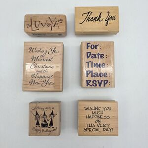 Lot of 6 Vintage Wood Mounted Rubber Stamps - Christmas Halloween Invitation RSV